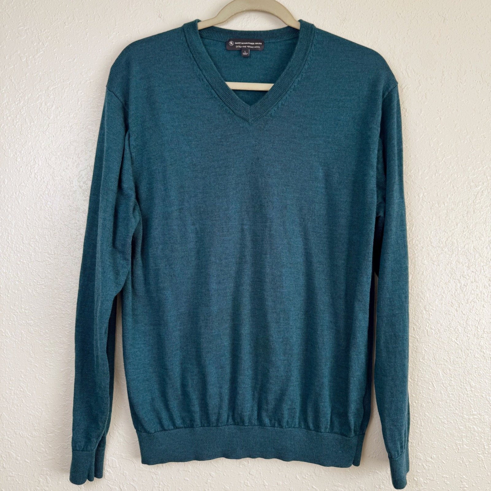 Hart Schaffner Marx Extra Fine Merino Wool V-Neck Sweater Teal Blue L
